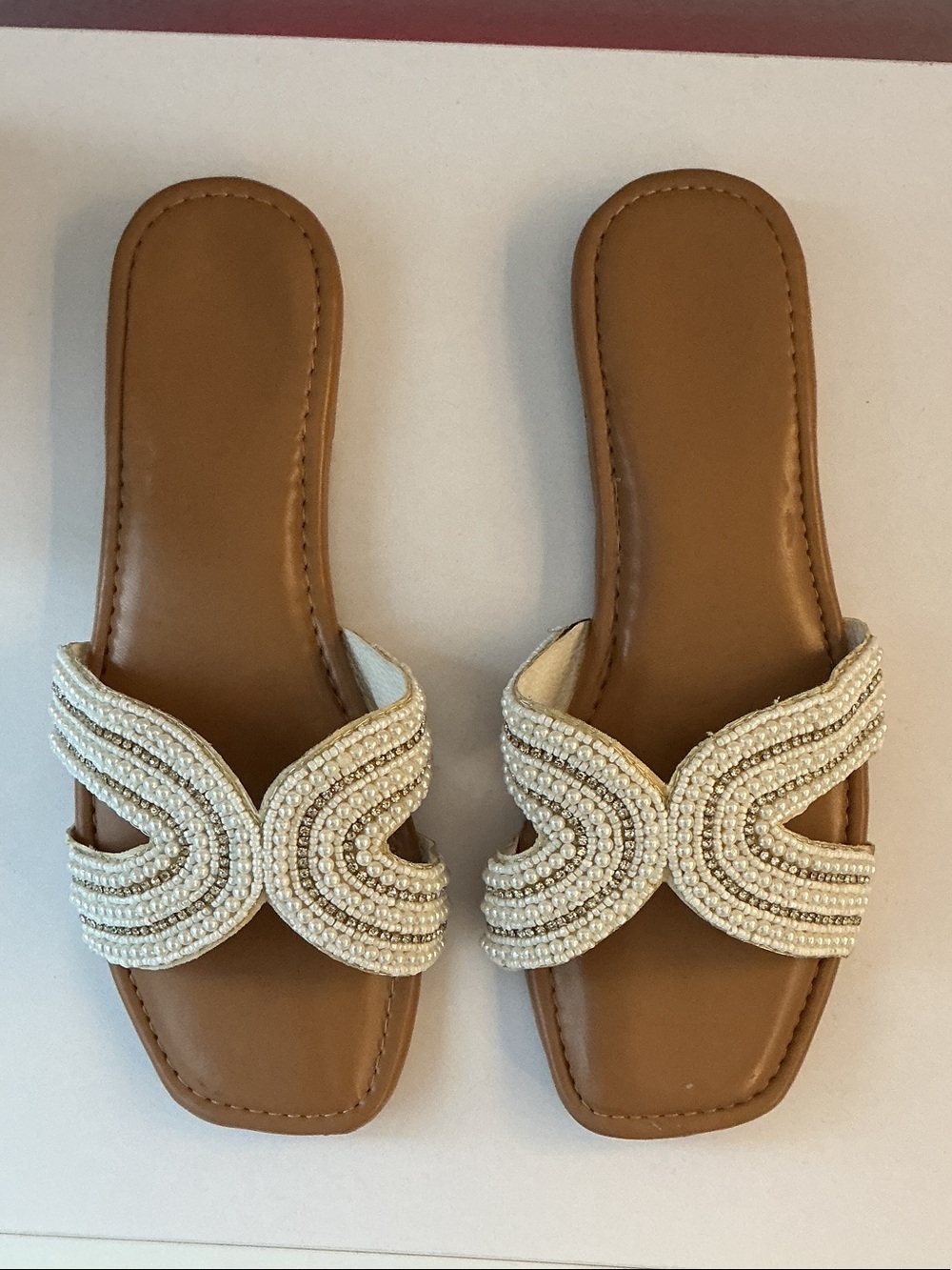 Ivory Beaded Slide Mules for Women Great Condition